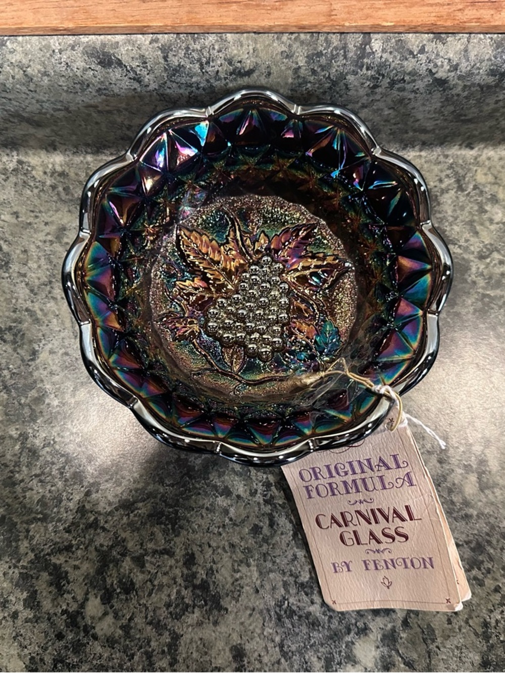 Fenton Iridescent Carnival Glass Grape & Leaf Bowl - Purple/Green/Gold